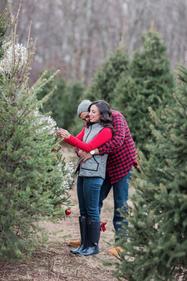 Christmas tree decorating engagement shoot