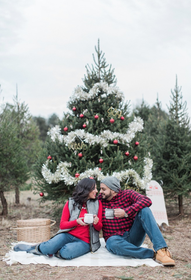 Christmas tree farm engagement shoot