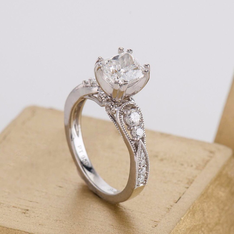 Vintage Diamond Engagement Ring with Milgrain Detail in Platinum