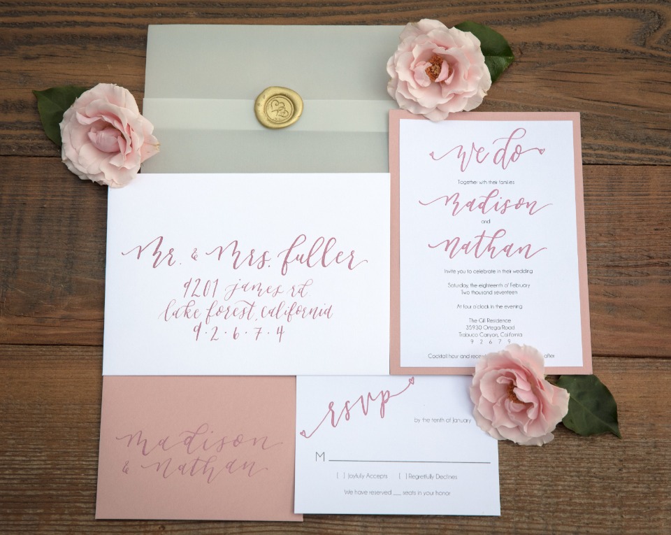 pink and gold wedding stationery