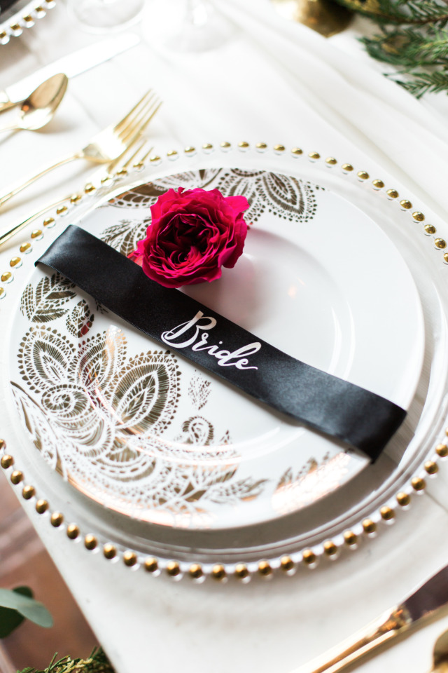 black ribbon place card for the bride