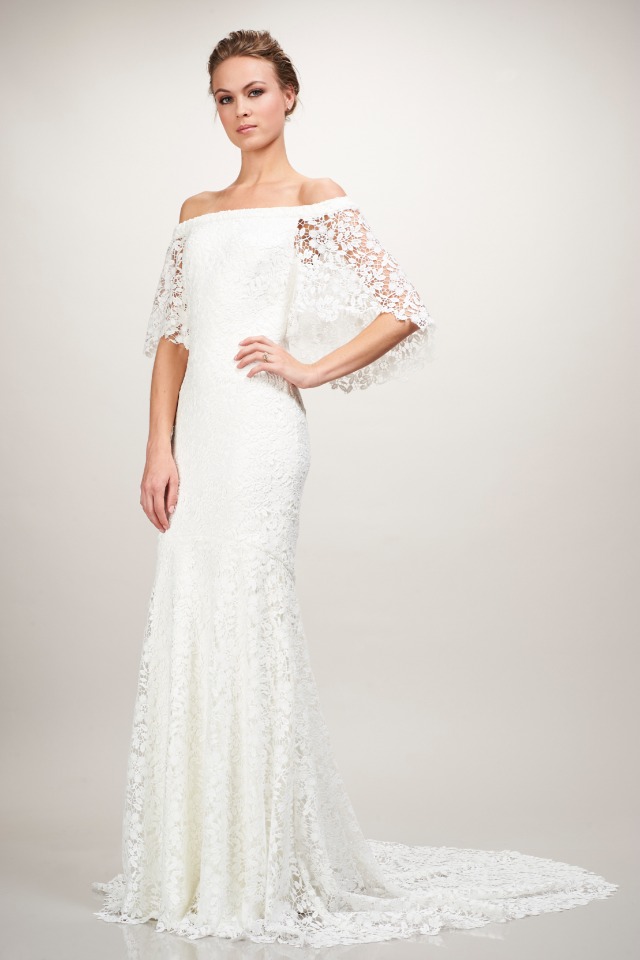 lacy off the shoulder wedding gown