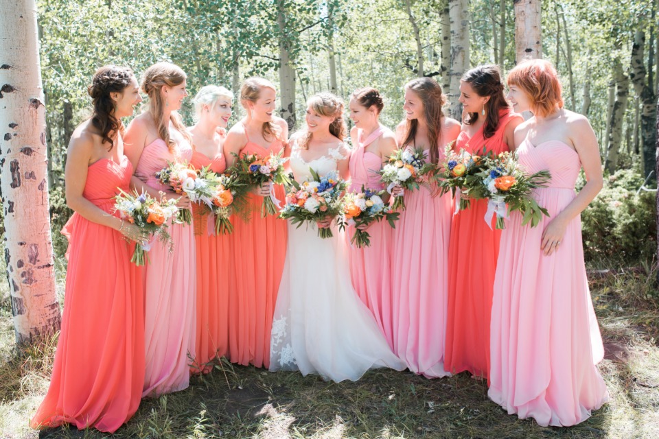 assorted coral bridesmaid dresses