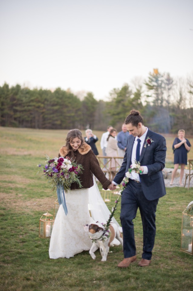 newlyweds and wedding dog