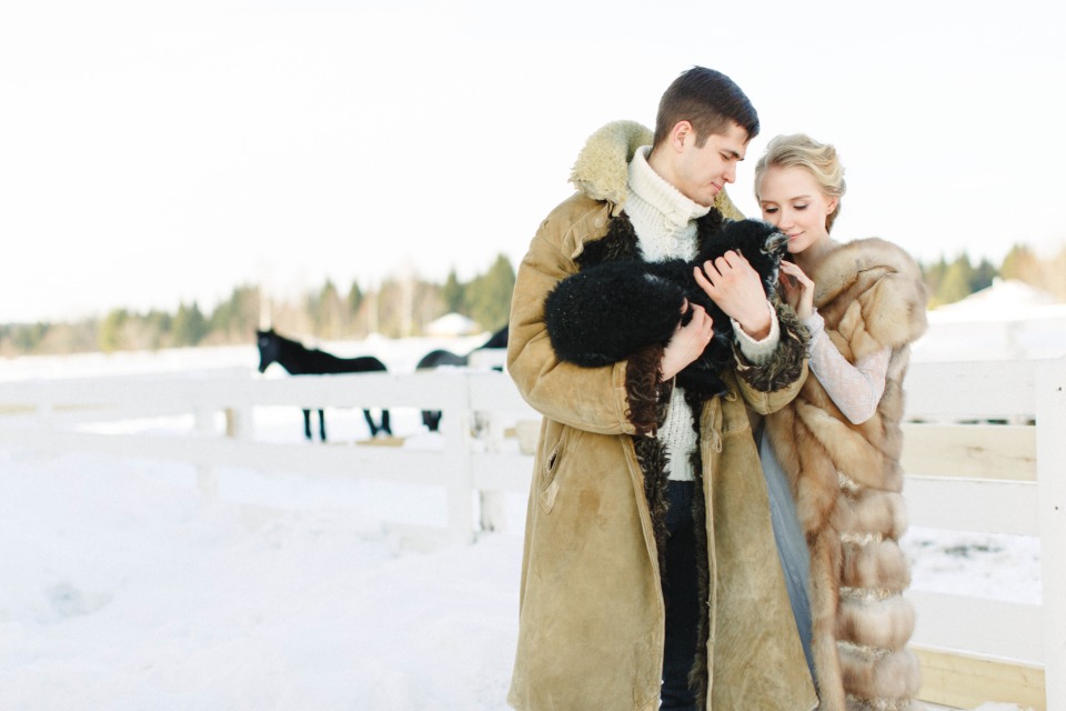 winter farm wedding couple