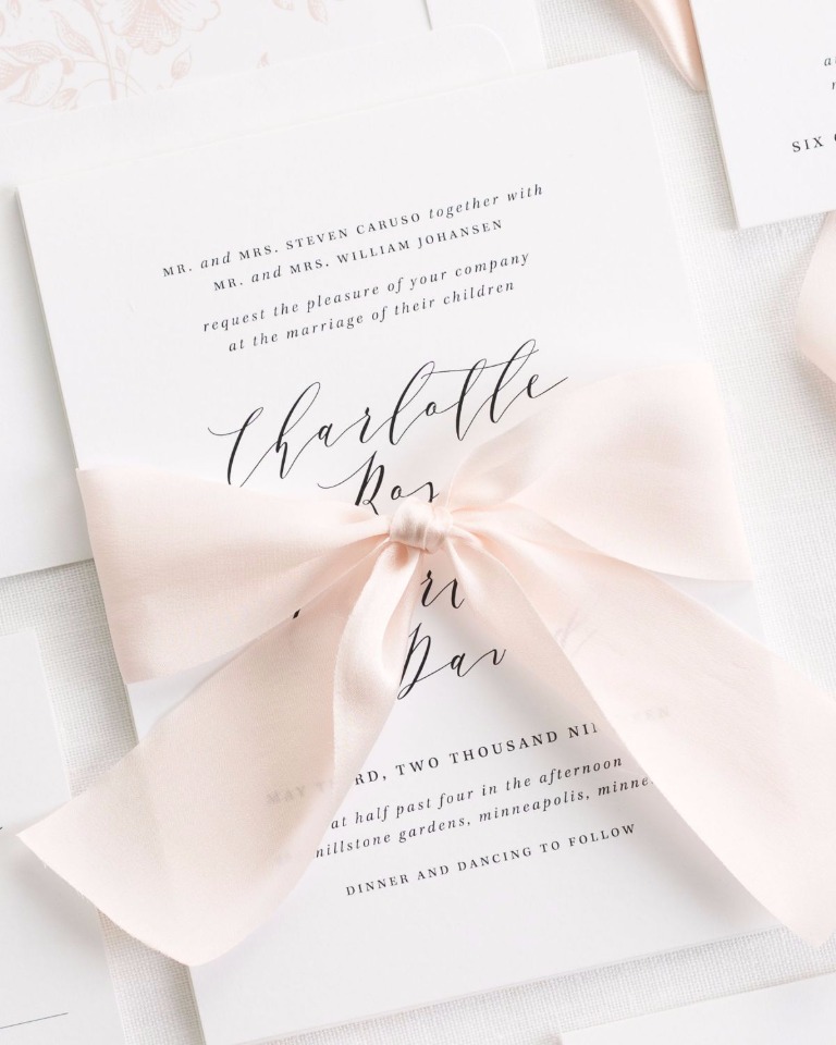 Charlotte wedding invite with pink ribbon