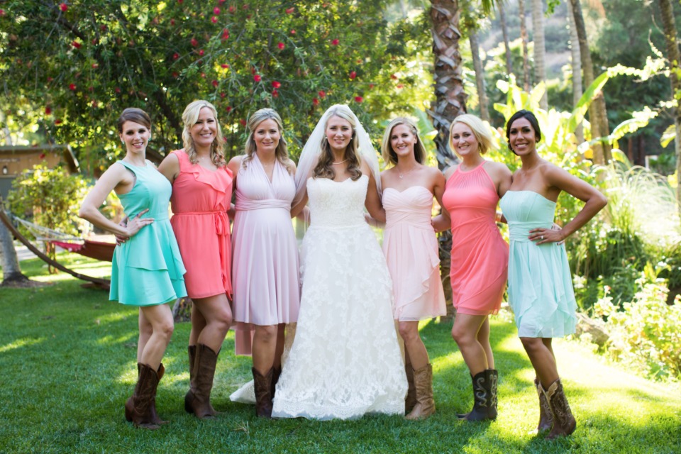 Coral and teal bridesmaid dresses