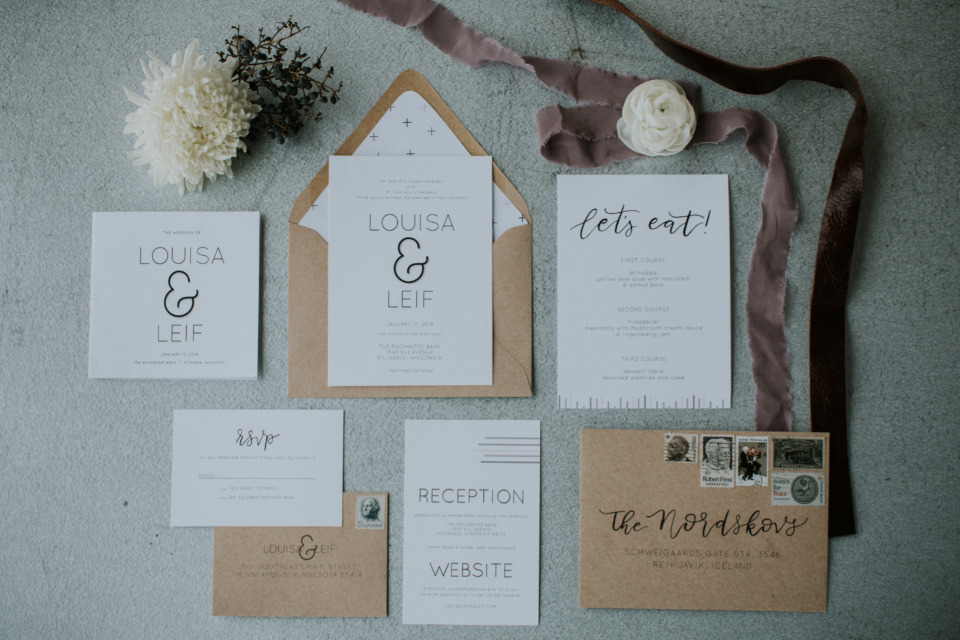 white and fraft paper wedding stationery suite