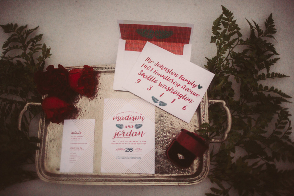 red green and gold winter wedding stationery