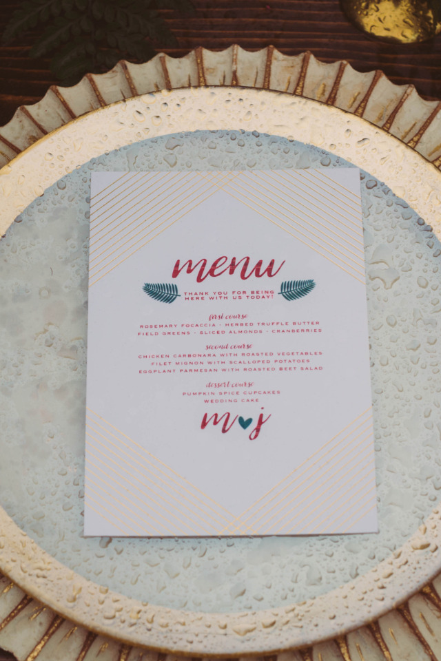 red green and gold wedding menu