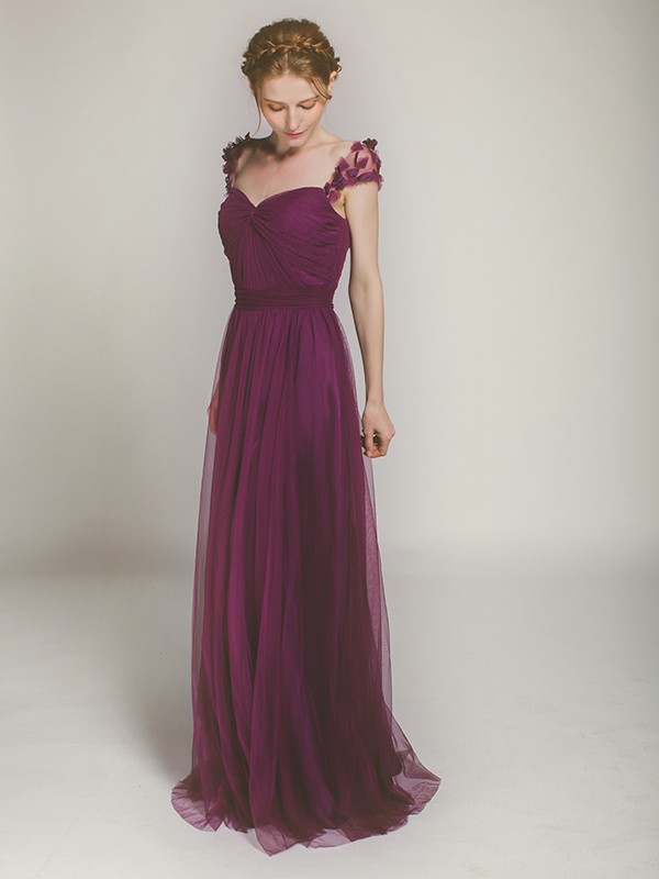 Soft tulle long aubergine bridesmaid gown from Stylish Wedd
