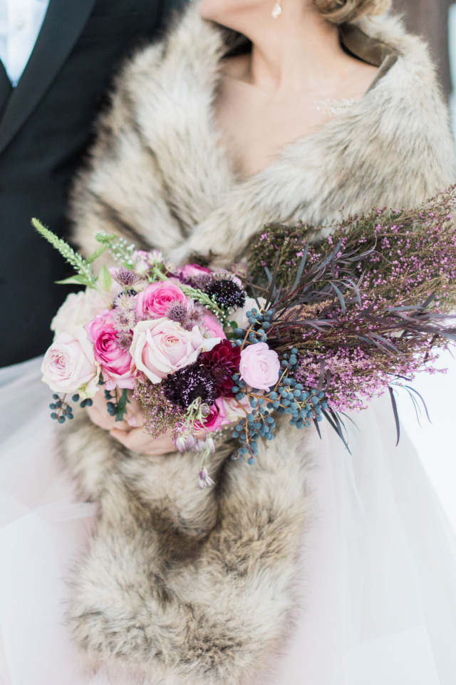 pink rose and purple floral wedding bouquet