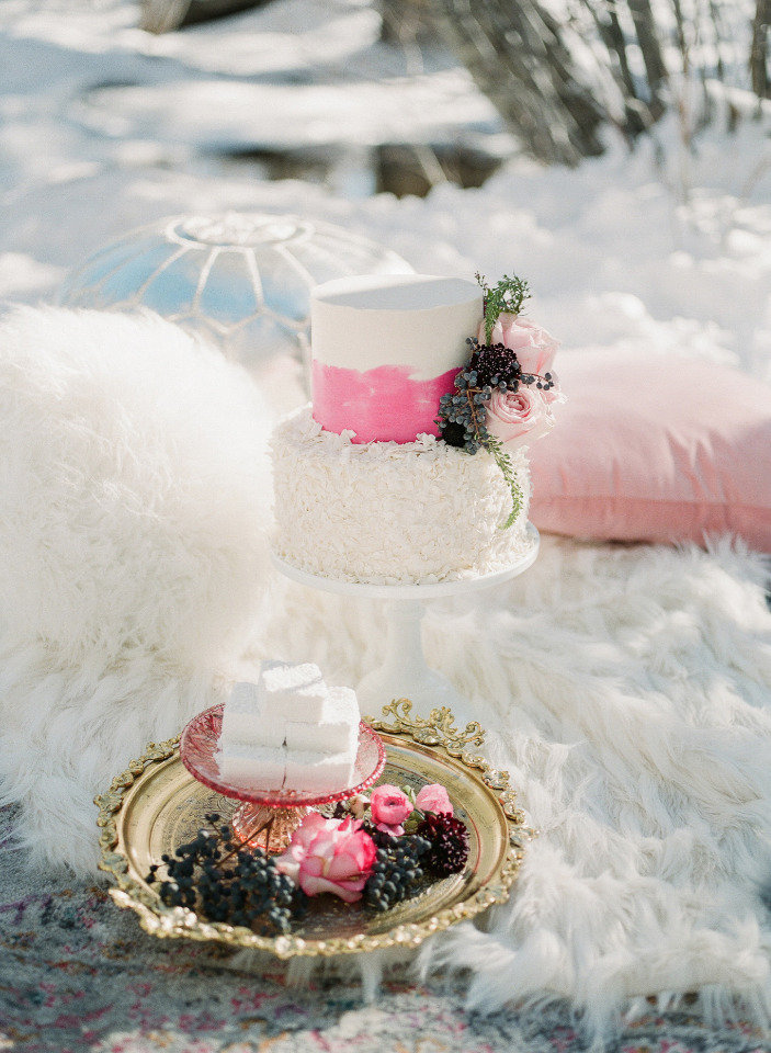cute wedding cake and marshmallow set up