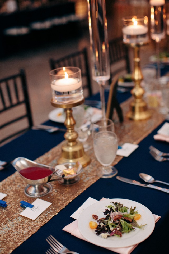 Gold and navy table decor
