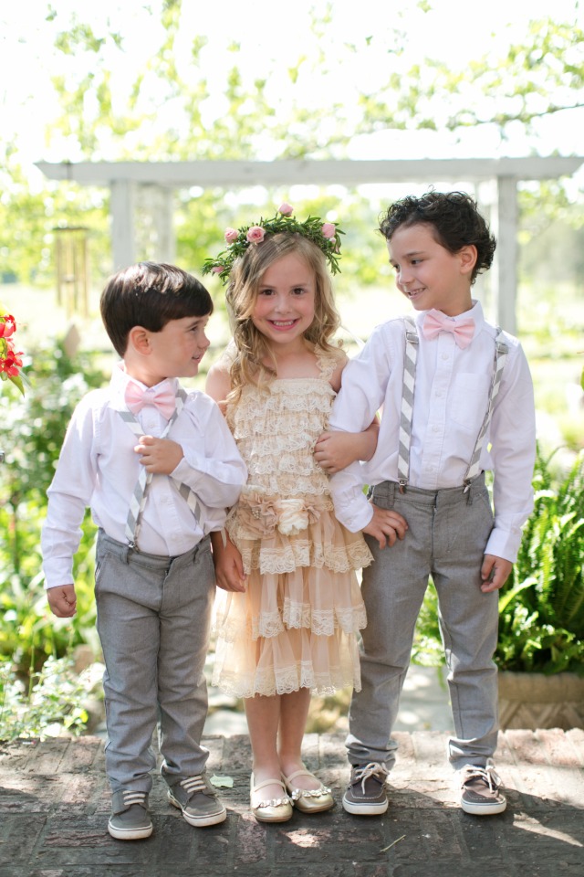 cute grey and pink ring bearers and boho flower girl