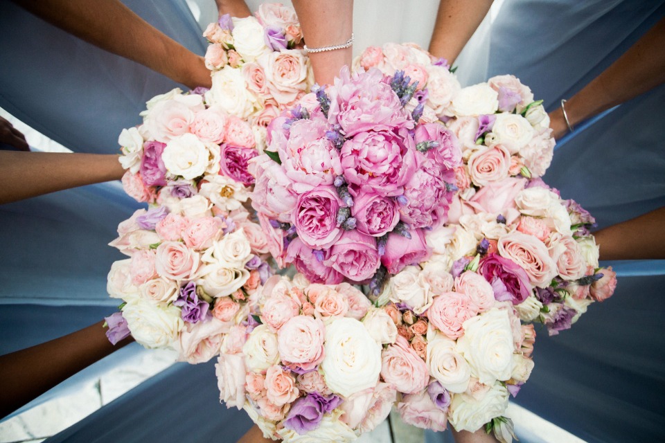 pink peach and purple wedding bouquets