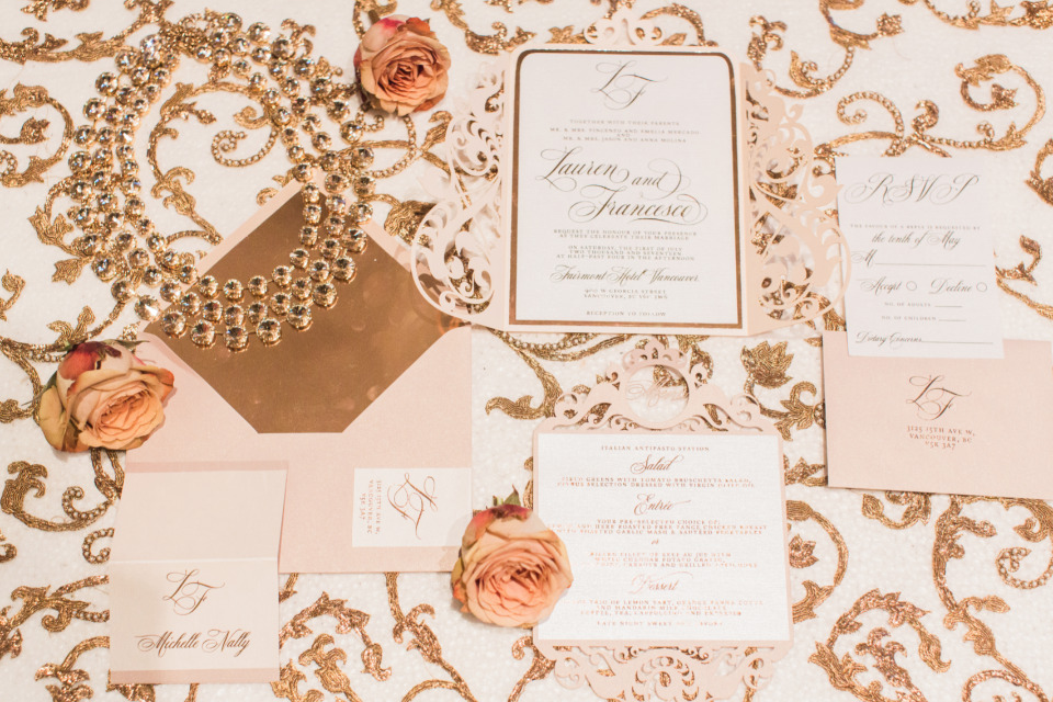 pink ivory and gold wedding stationery suite