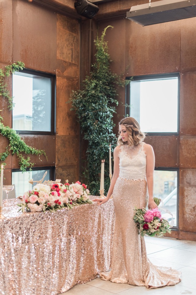 Sweetheart table with rose gold table cloth