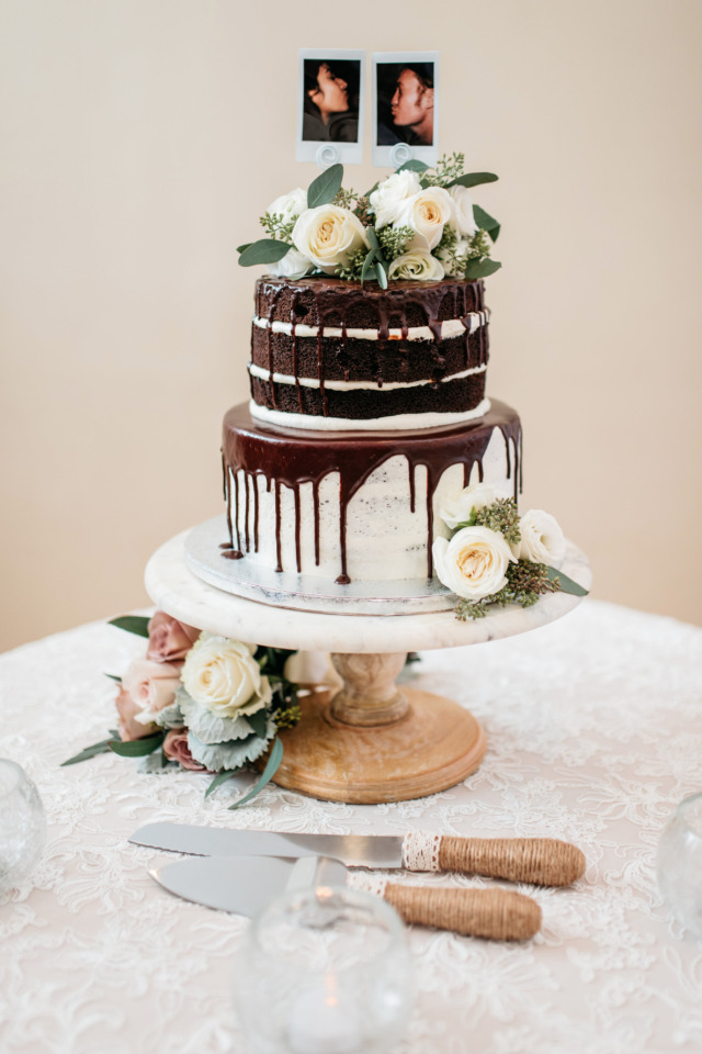 chocolate naked wedding cake with chocolate drizzle