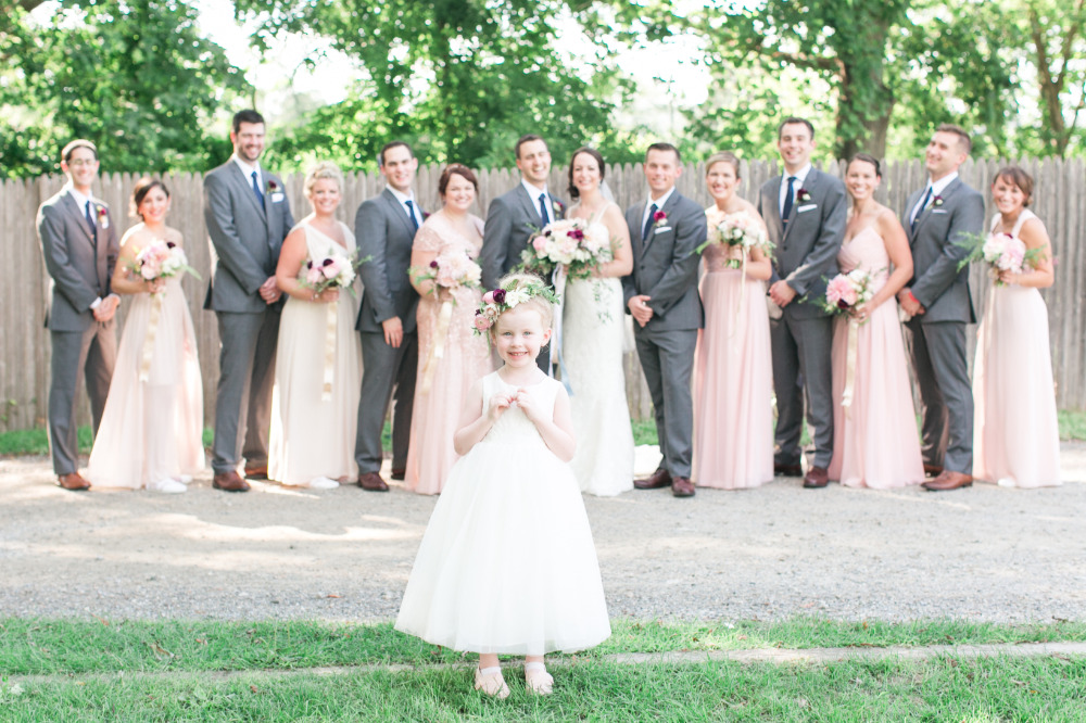 pink and grey wedding party attire