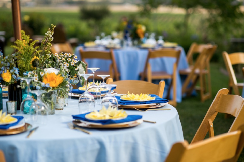 blue and yellow wedding reception