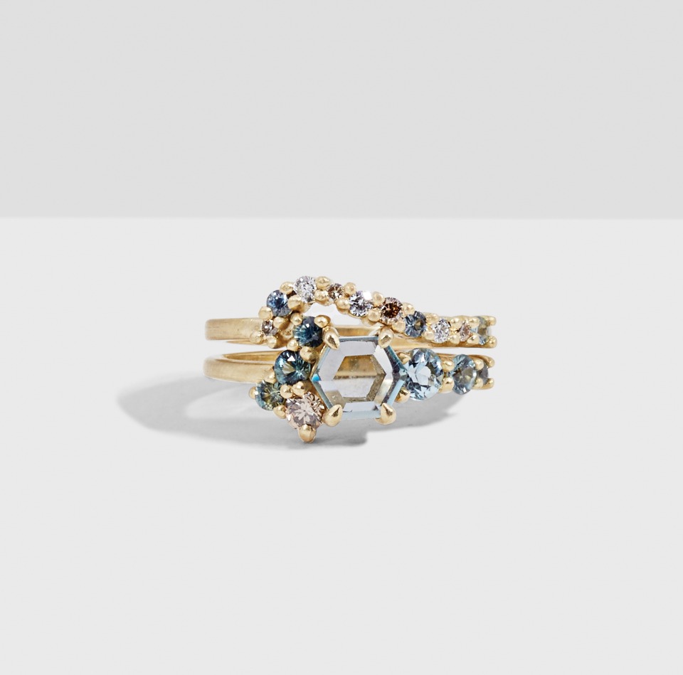 Bario Neal Hex Sapphire Cluster ring and band
