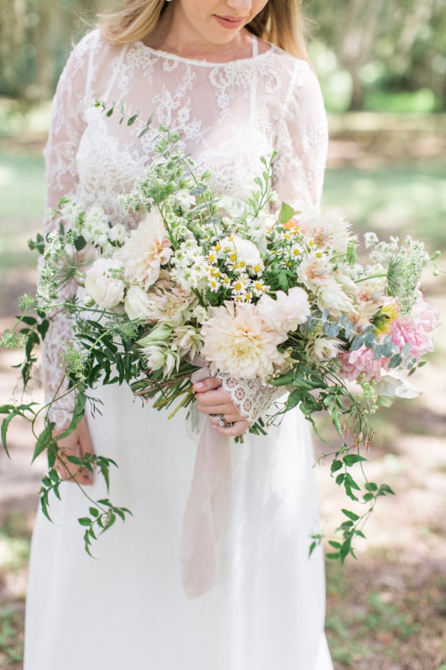 dahlia and wildflower wedding bouquet