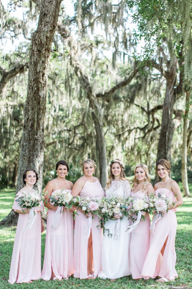 light pink long bridesmaids dress