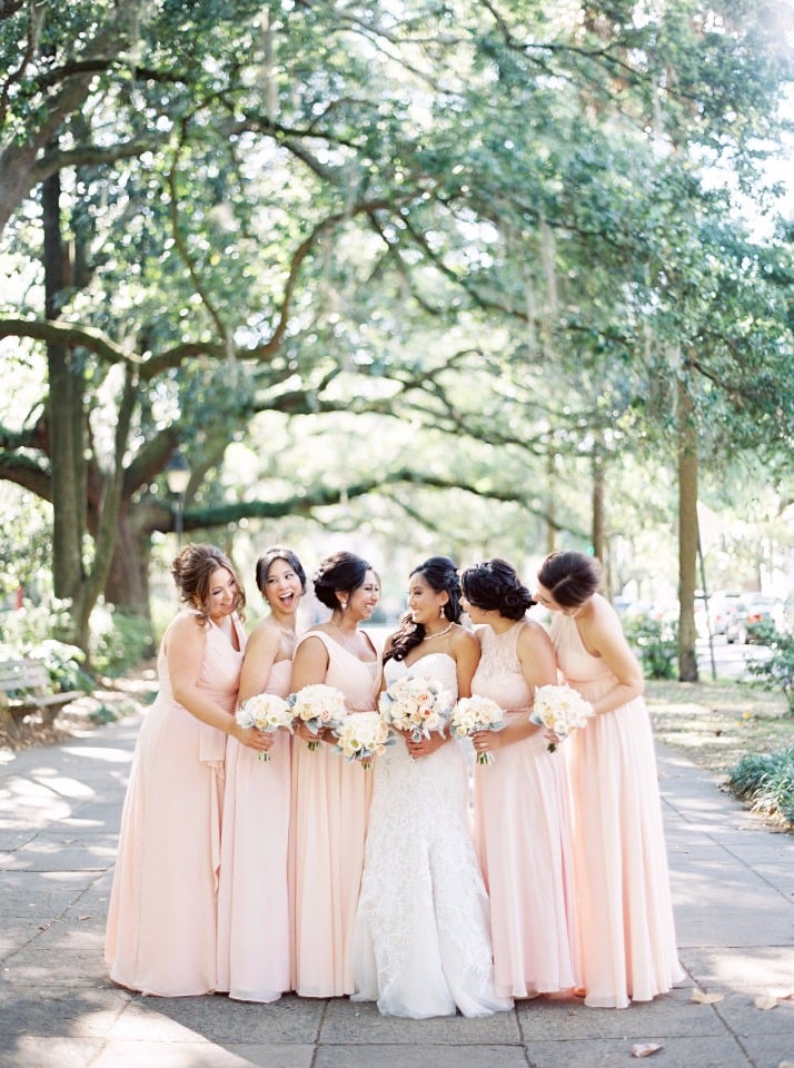 Pearl pink bridesmaid dresses from Azazie