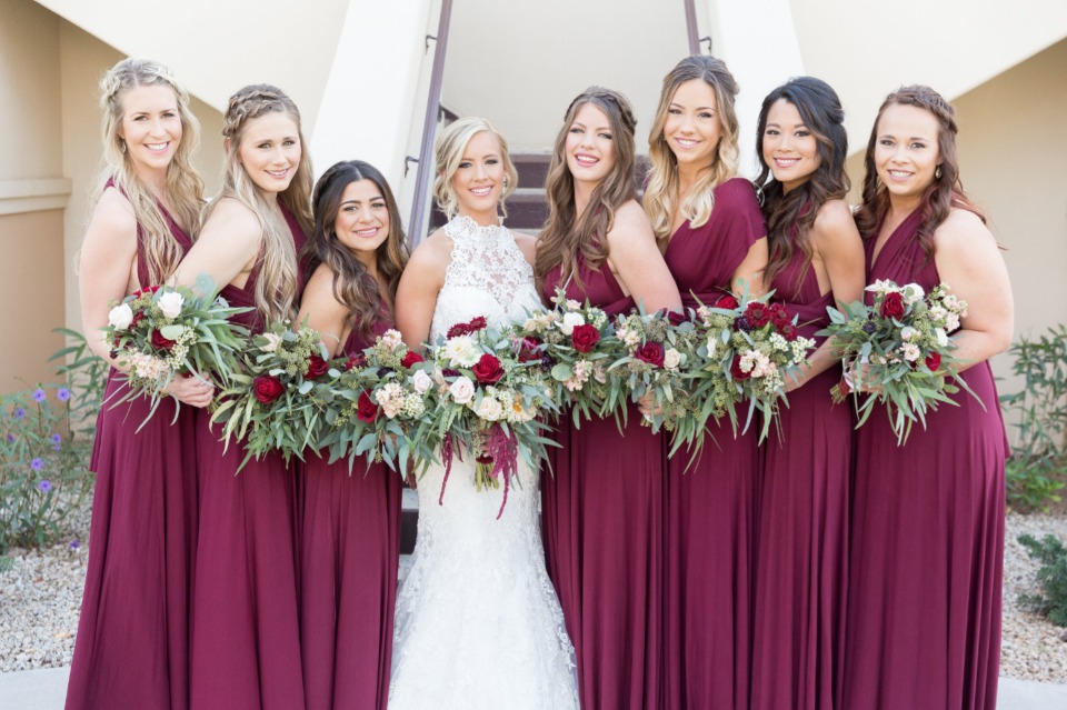 bridesmaids in long wine color dresses from Lulu's