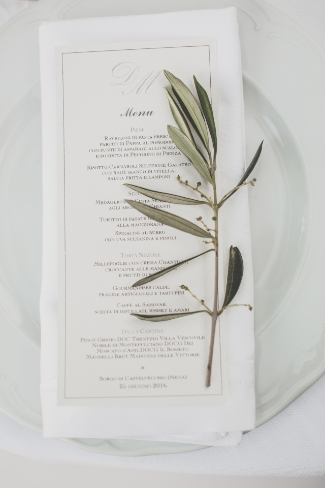 elegant wedding menu with olive branch accent