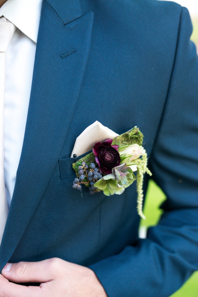 blue and purple wedding boutonniere