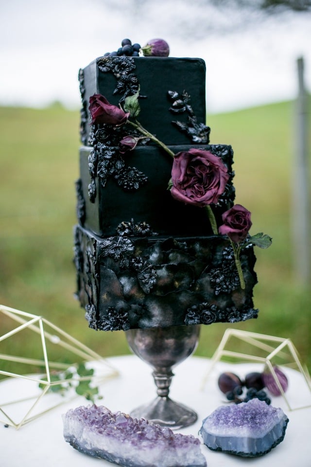 romantic black and deep purple wedding cake