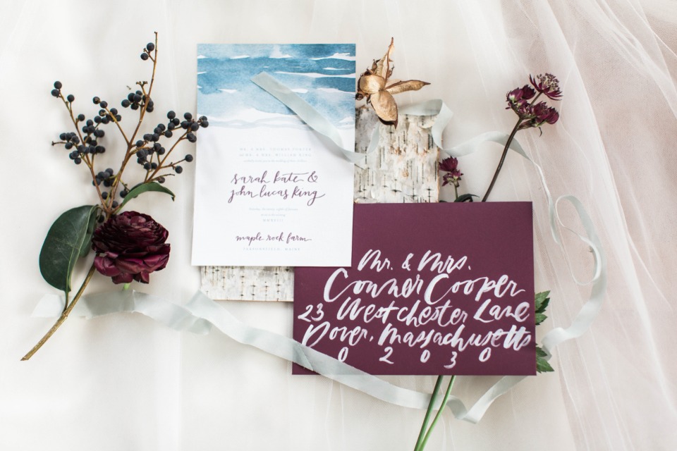 Blue and burgundy invitation suite