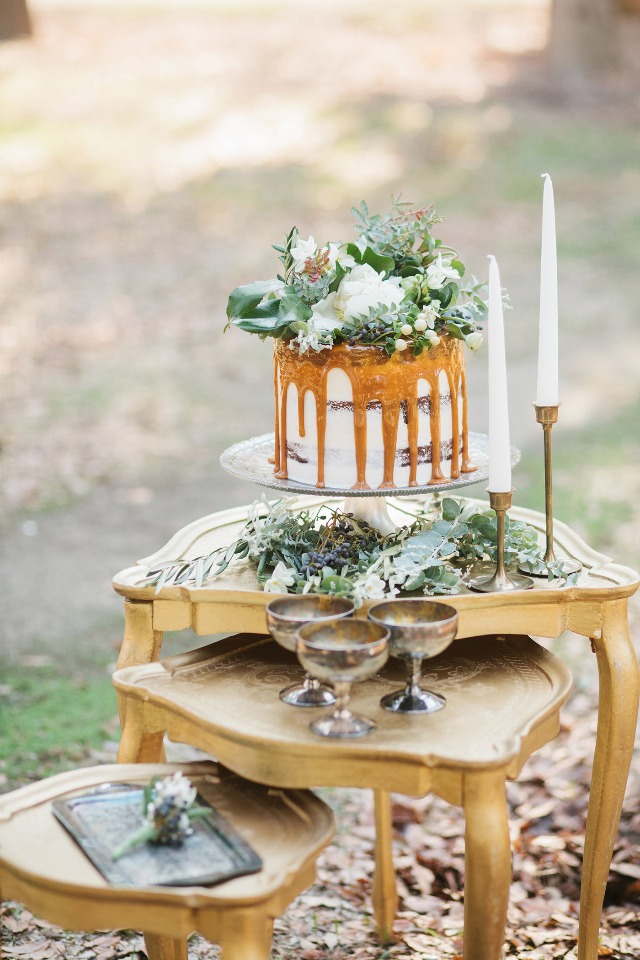 Caramel drizzle naked cake with floral topper