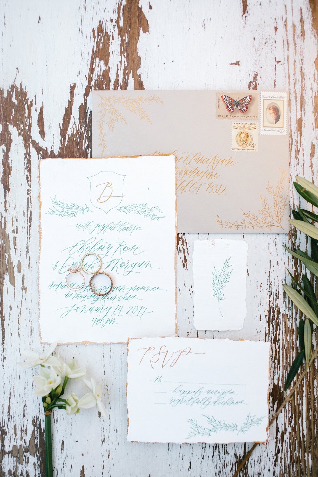 Green and gold calligraphy invitation suite