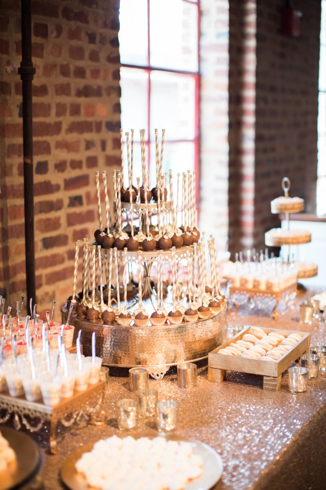 gold and white wedding dessert table