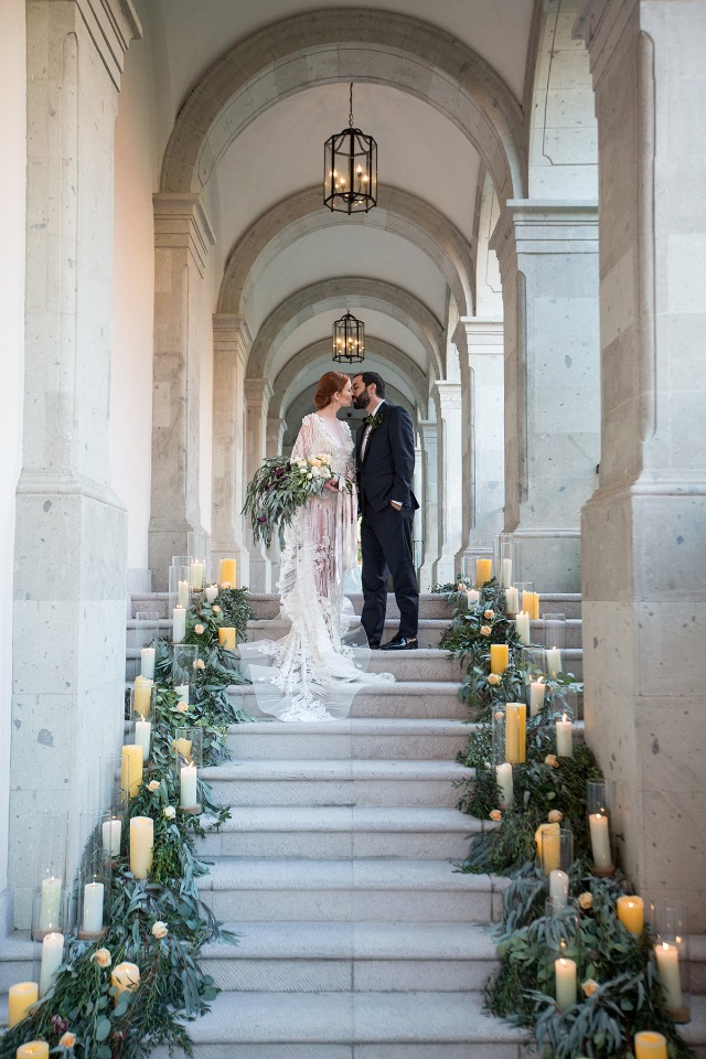 candle lit wedding aisle staircase
