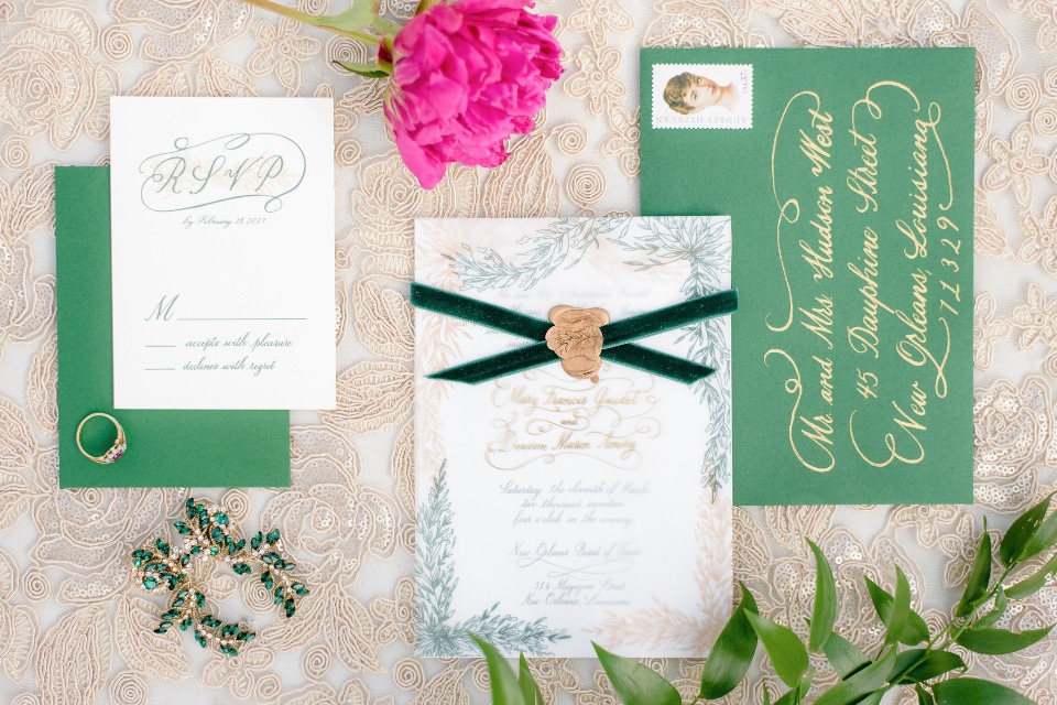 elegant green and gold wedding stationery