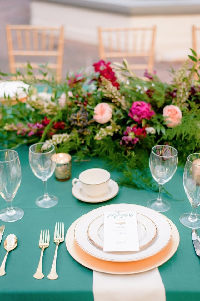 place setting in green and gold