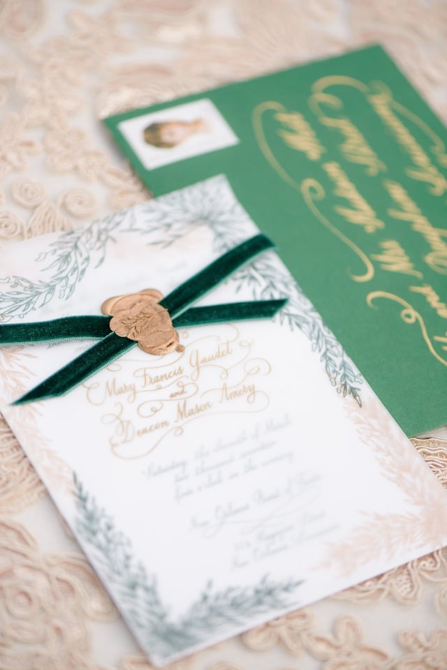 emerald and gold wedding stationery