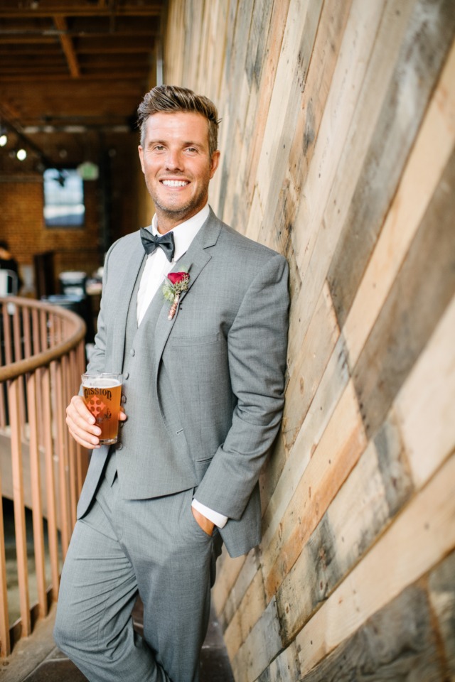 brewery groom in grey suit