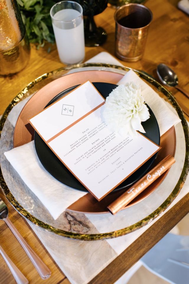 white copper and black wedding place setting