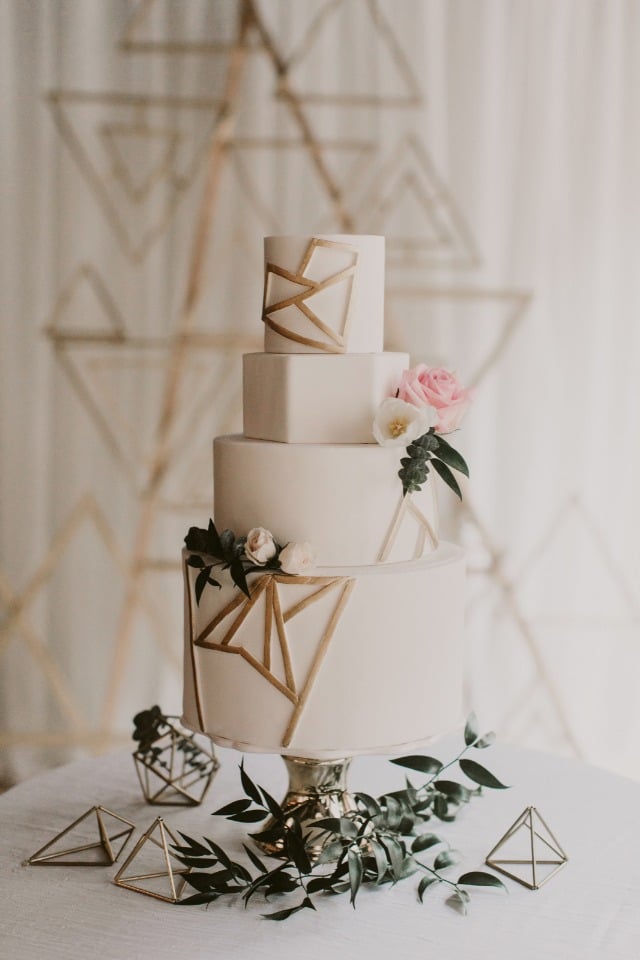 modern white and gold wedding cake