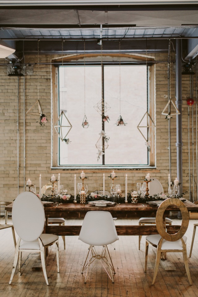 modern mismatched gold and white industrial wedding table
