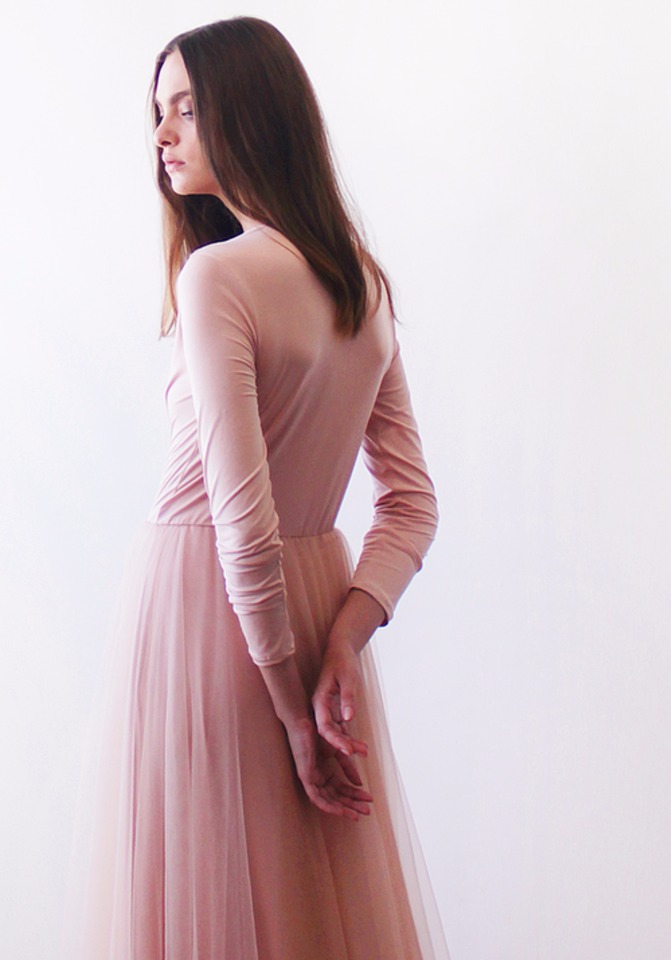 long sleeve pink tulle bridesmaid dress