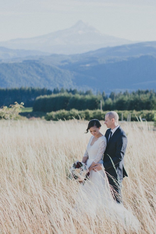 Bride and groom with Mount Hood in the background