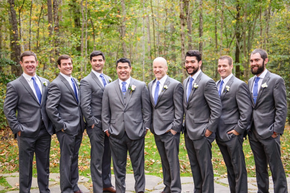 groom and his men in grey and blue