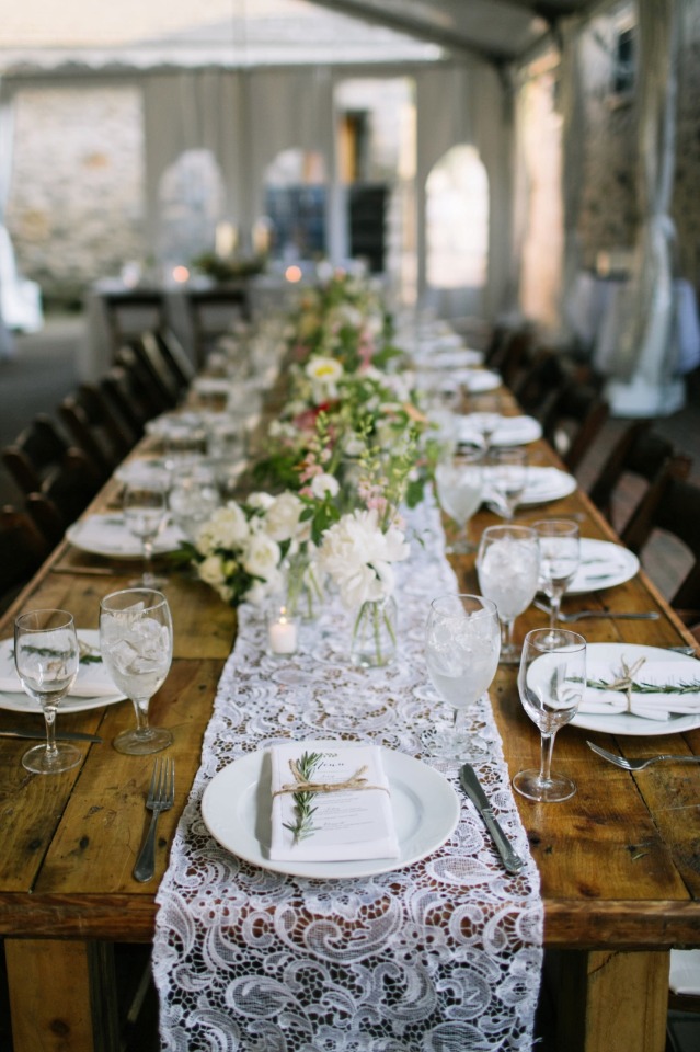 lace runner family style reception seating