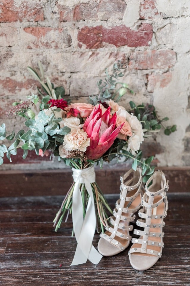 bridal flowers and wedding shoes